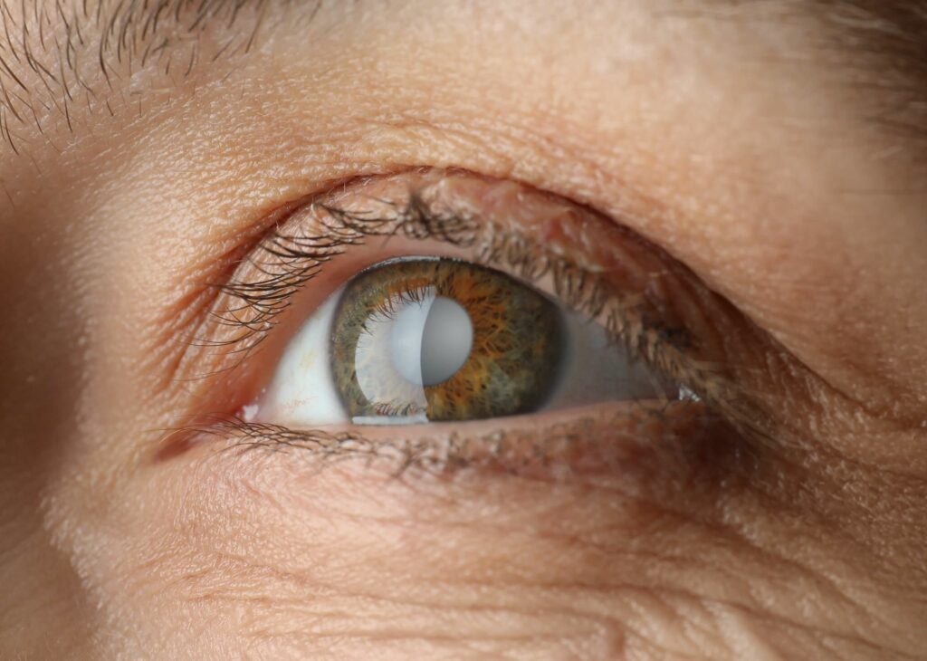 Zoom premier plan sur un oeil montrant un cataracte